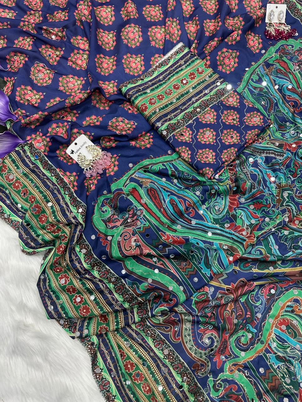 Royal Blue Soft Crepe Silk Digital Bandhani-Kalamkari Print Saree